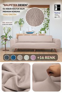 Faiend Polyester Süngersiz Petek Desenli Giydirmeli Vizon Üçlü Koltuk Örtüsü 180x230 cm