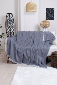 Ramsa Tekstil Naturel Pamuklu Örgü Saçaklı Süngersiz Geometrik Desenli Siyah Tekli Koltuk Örtüsü 170x210 cm