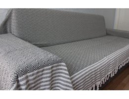 Coperta Pamuklu Kanvas Püsküllü Süngersiz Armürlü Haki Üçlü Koltuk Örtüsü 175x315 cm