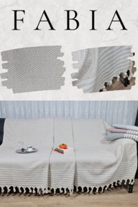 Fabia Home Pamuklu Örgü Püsküllü Süngersiz Armürlü Gri Tekli Koltuk Örtüsü 170x210 cm