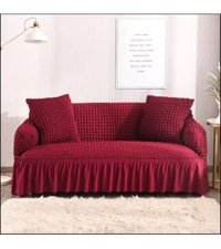 Güzel Aral GA-290 Pamuklu - Polyester Bürümcük Fırfırlı Kapitone Giydirmeli Lastikli Bordo Üçlü Koltuk Örtüsü 180x230 cm