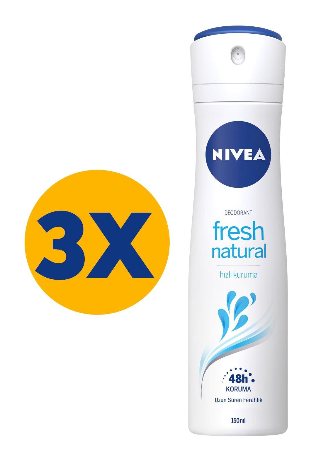 Nivea Fresh Natural Pudrasız Ter Önleyici Antiperspirant Sprey Kadın Deodorant 3x150 ml