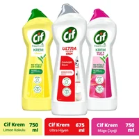Cif Frezya ve Müge Çiçeği Kokulu Limon Kokulu Yüzey Temizleyici 2x750 ml + Ultra Hijyen Şeffaf 675 ml