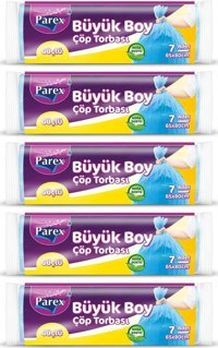Parex Güçlü Büzgülü Büyük Boy 65x80 cm Çöp Poşeti 5x7 Adet Mavi