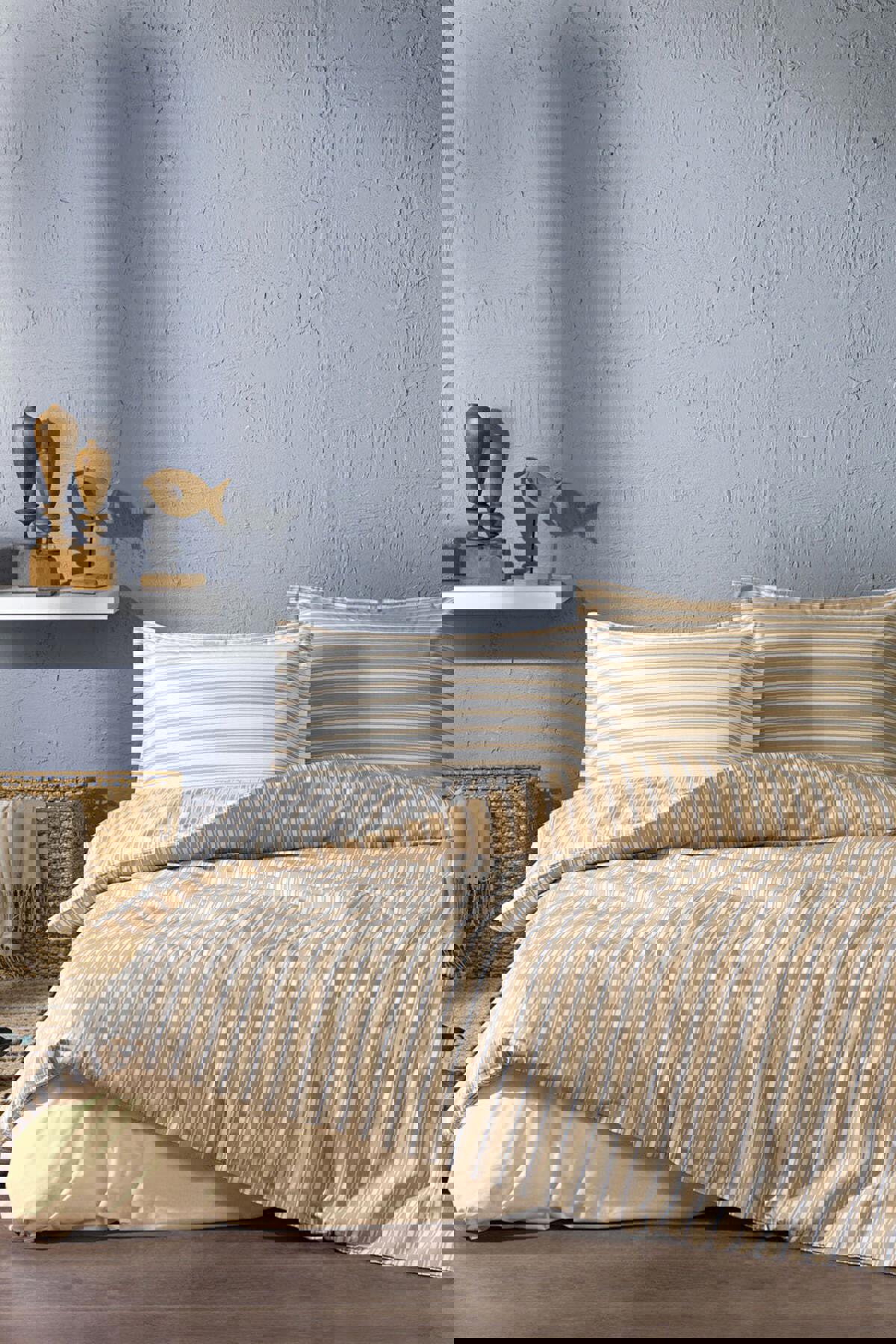 Nishev Ranforce 160x220 cm Lastikli Çizgili Tek Kişilik Nevresim Takımı Kahve