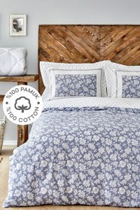 Karaca Home Celerina Pamuk 160x220 cm Lastikli Çiçekli Tek Kişilik Nevresim Takımı Mavi
