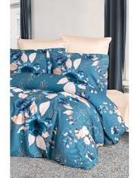 Varol Laura Home Larissa Lyocell 160x220 cm Lastikli Çiçekli Tek Kişilik Nevresim Takımı Krem-Mavi