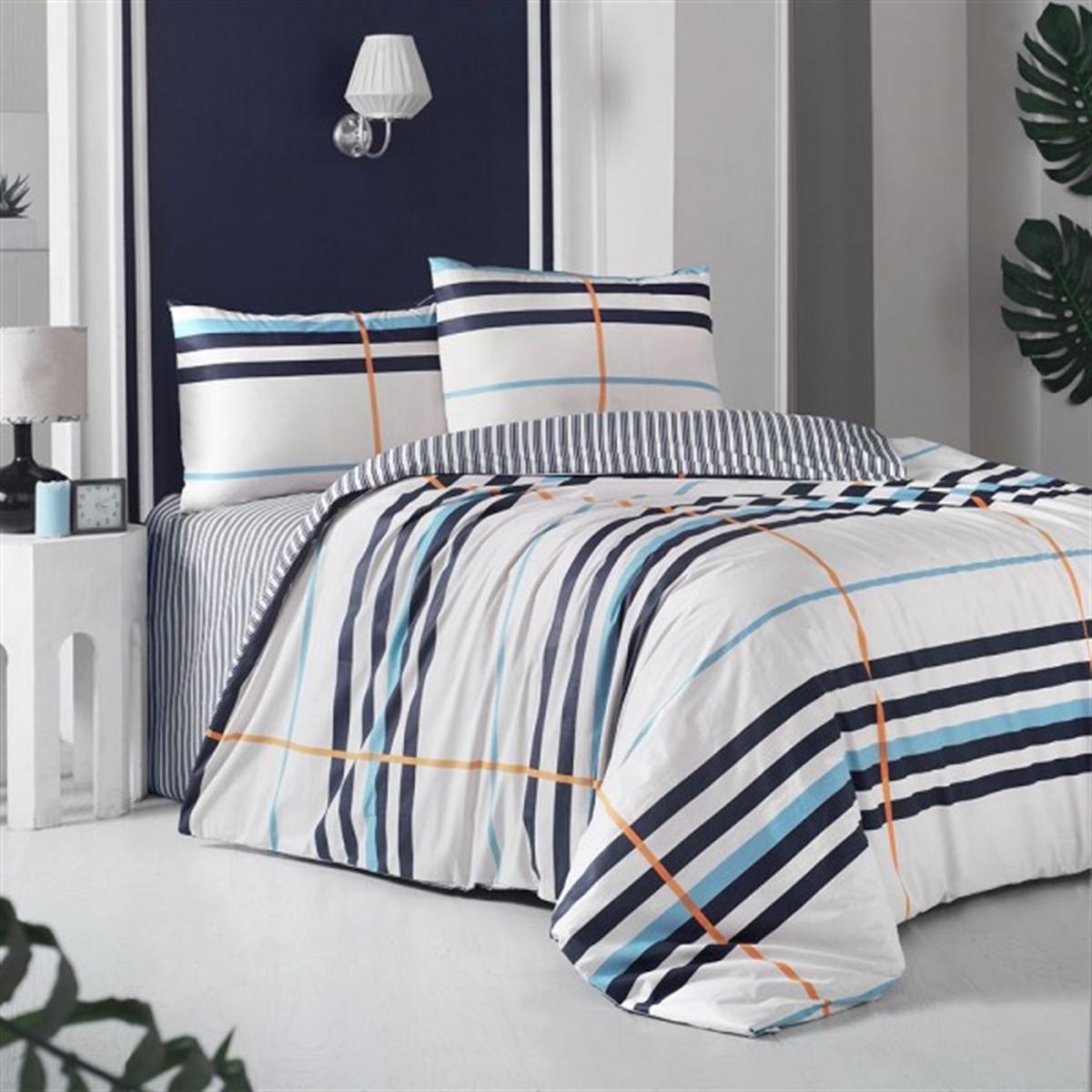 Altınbaşak Striped Pamuklu 160x220 cm Lastikli Çizgili Tek Kişilik Nevresim Takımı Turkuaz