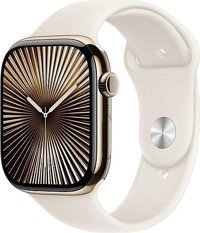 Apple Watch Series 10 GPS + Cellular WatchOS Su Geçirmez 46 mm Altın Titanyum Kasa ve Yıldız Işığı Kauçuk Kordon Dikdörtgen Unisex Akıllı Saat