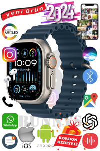 Bunnys Ultra Max 2024 Android GPS 49 mm Silikon Kordon Oval Unisex Akıllı Saat Koyu Mavi + Kordon Hediye