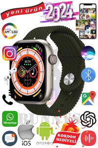 Rabbit Store Watch 9 Max+ 2024 Android GPS 45 mm Silikon Örgü Kordon Oval Unisex Akıllı Saat Haki + Kordon Hediye