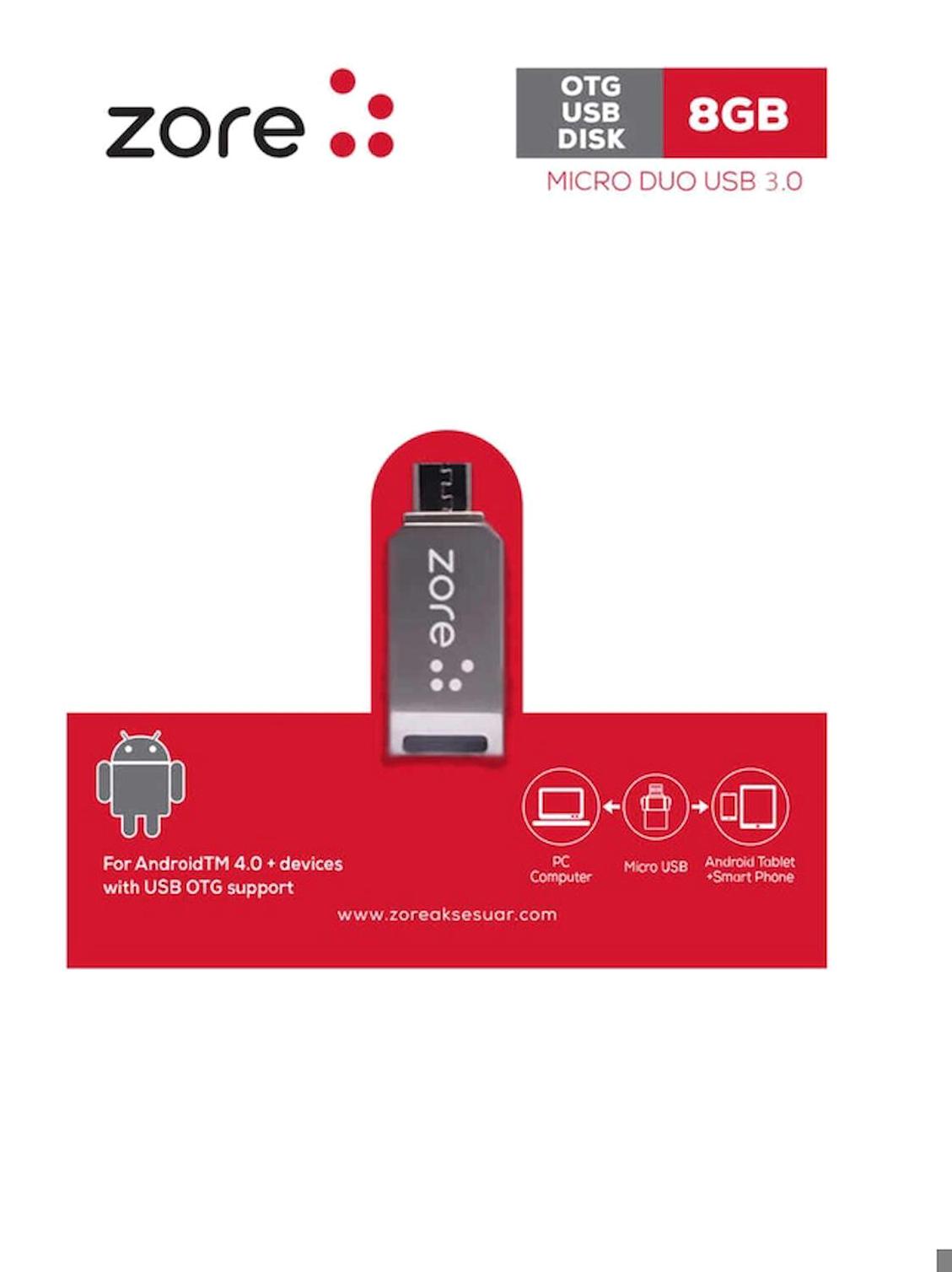 Zore USB 3.0 Micro USB 8 GB Flash Bellek Gümüş