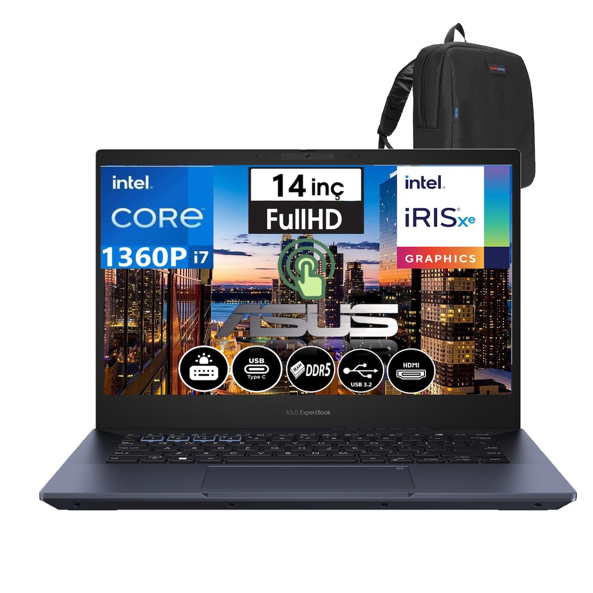 Asus Expertbook B5 FLİP B5402FVA-161TBB1D19 Harici Intel Iris Xe Graphics Eligible Intel Core i7 1360P 24 GB DDR5 Ram 1 TB SSD 14 inç Full HD Windows 11 Home Dokunmatik 2'si 1 Arada Laptop + Weblegelsin Çanta