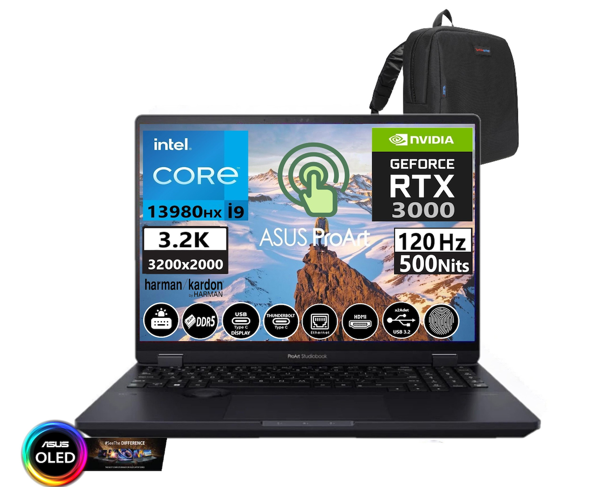Asus ProART STUDİOBOOK ProW7604J3D-MY00307 Harici Quadro RTX 3000 Intel Core i9 13980HX 32 GB DDR5 Ram 2 + 2 TB SSD 16 inç Full HD FreeDos Laptop + Weblegelsin Çanta