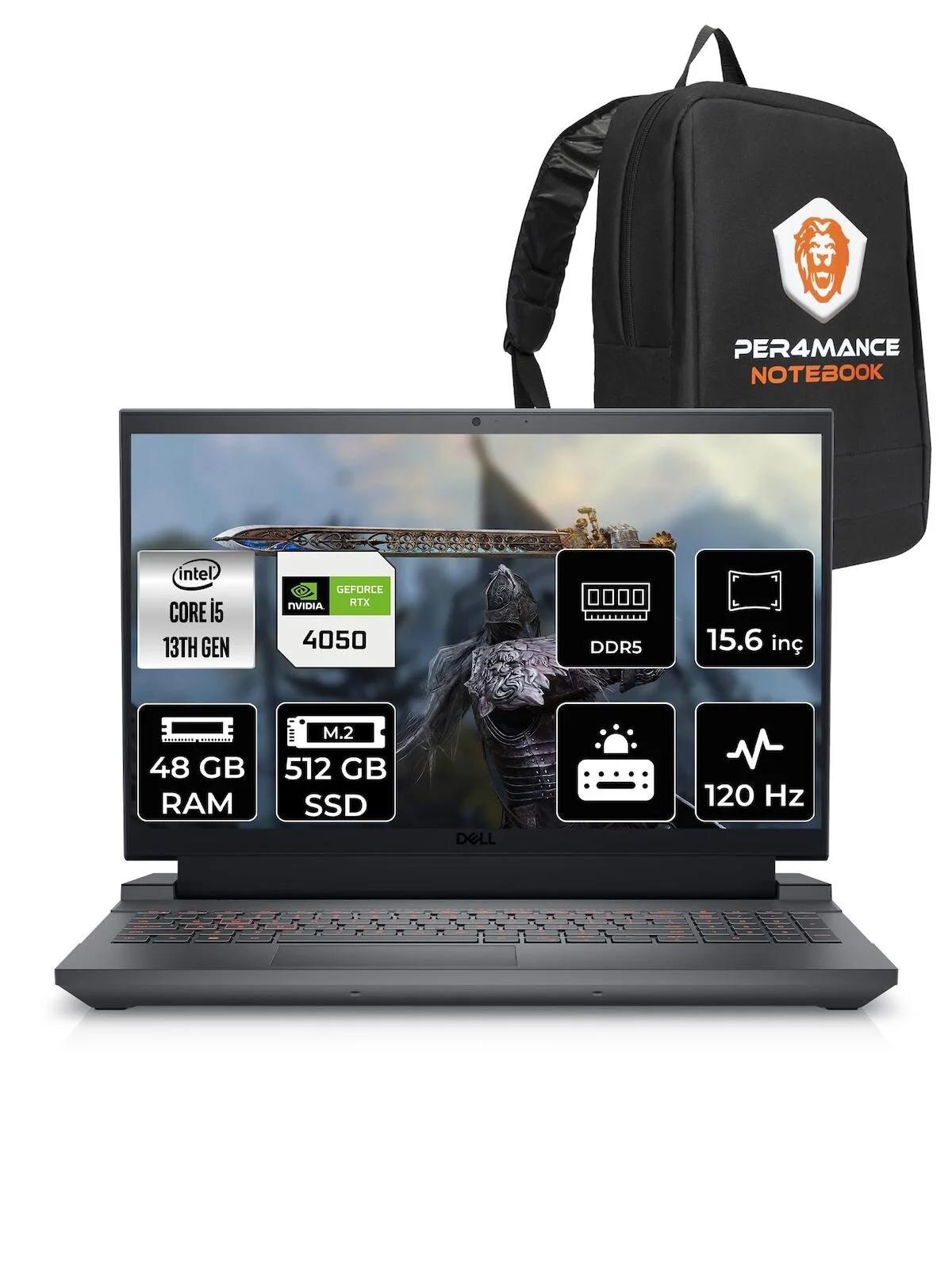 Dell Gaming G15 5530 G155530007U Harici GeForce RTX 4050 Intel Core i5 13450HX 48 GB Ram 512 GB SSD 15.6 inç Full HD FreeDos Oyuncu Laptop + PER4 Çanta
