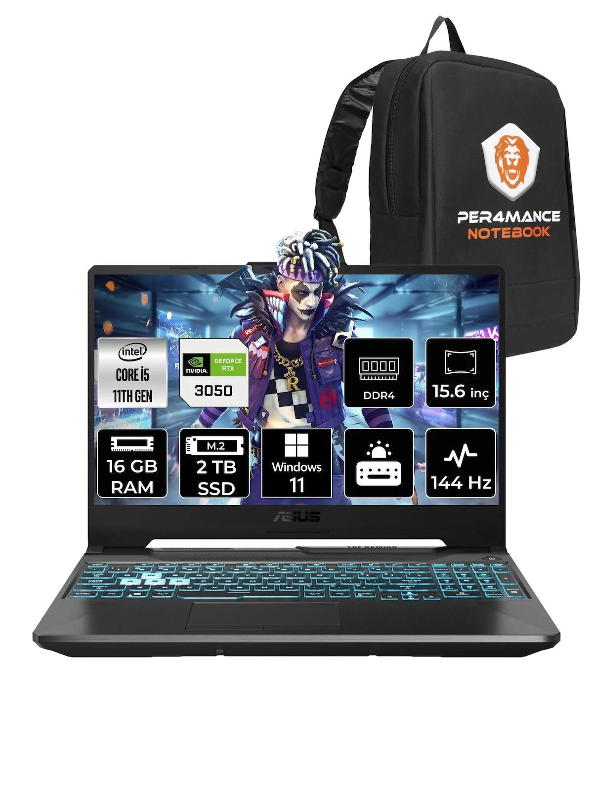 Asus Tuf Gaming F15 HN409 Harici GeForce RTX 3050 Intel Core i5 11400H 16 GB Ram 2 + 2 TB SSD 15.6 inç Full HD Windows 11 Home Oyuncu Laptop + PER4 Çanta