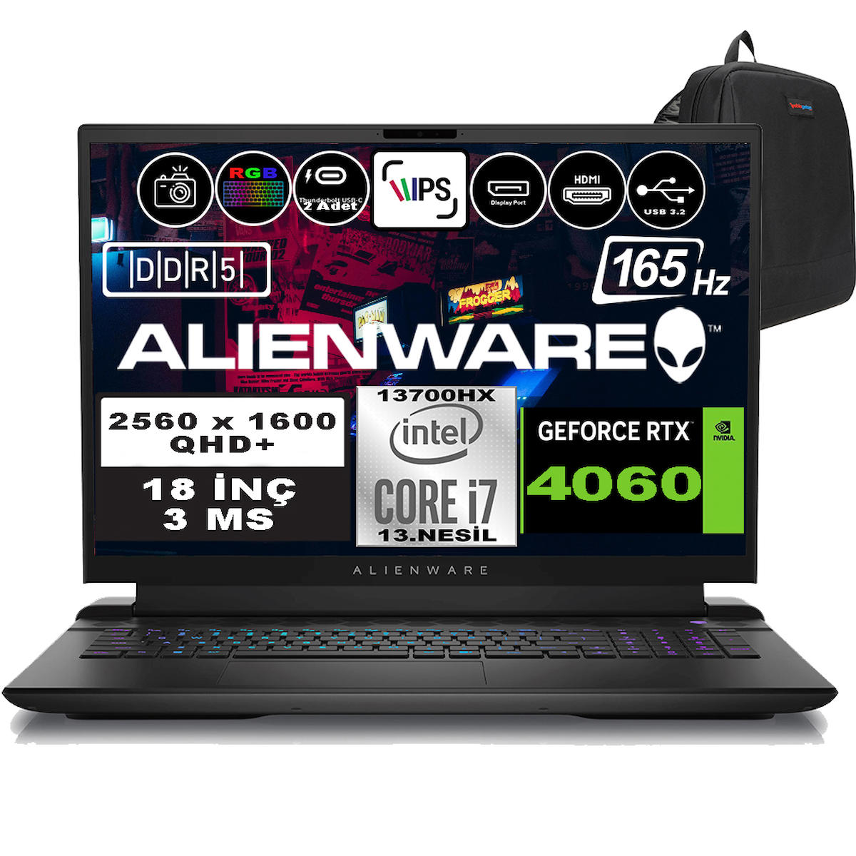 Dell Alienware M18 R1 AWM18 R1I7X80WP13 Harici GeForce RTX 4060 Intel Core i7 13700HX 8 GB DDR5 Ram 512 GB SSD 18 inç QHD+ Windows 11 Pro Oyuncu Laptop + Zetta Çanta