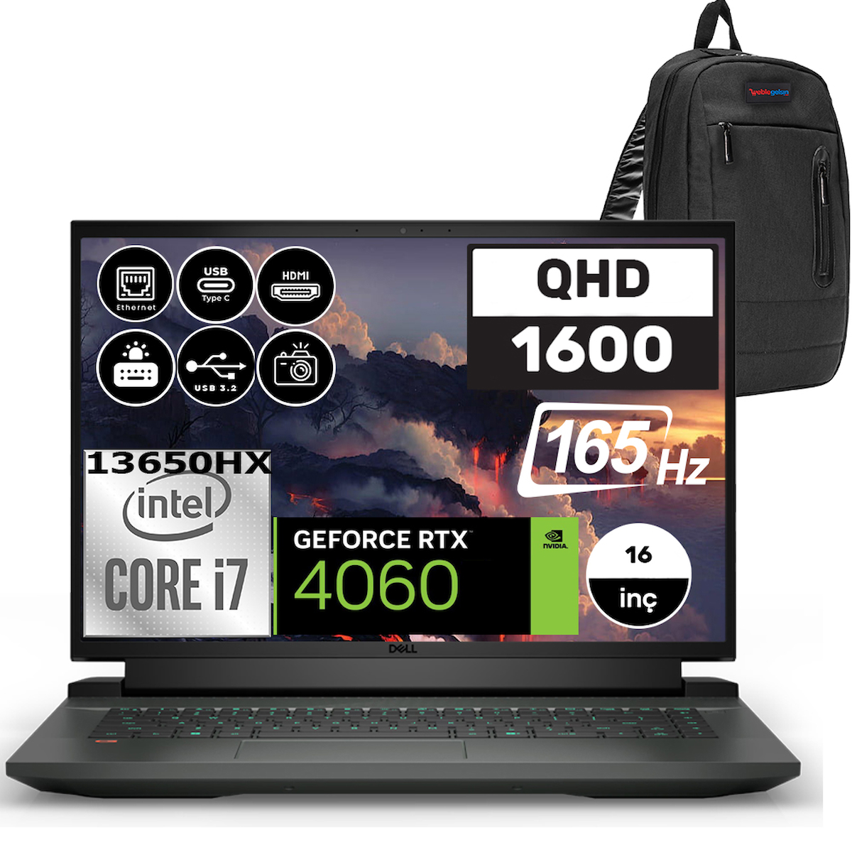 Dell Gaming G16 7630 G167630005WH09 Harici GeForce RTX 4060 Intel Core i7 13650HX 8 GB DDR5 Ram 2 + 2 TB SSD 16 inç QHD+ Windows 11 Home Oyuncu Laptop + Zetta Çanta