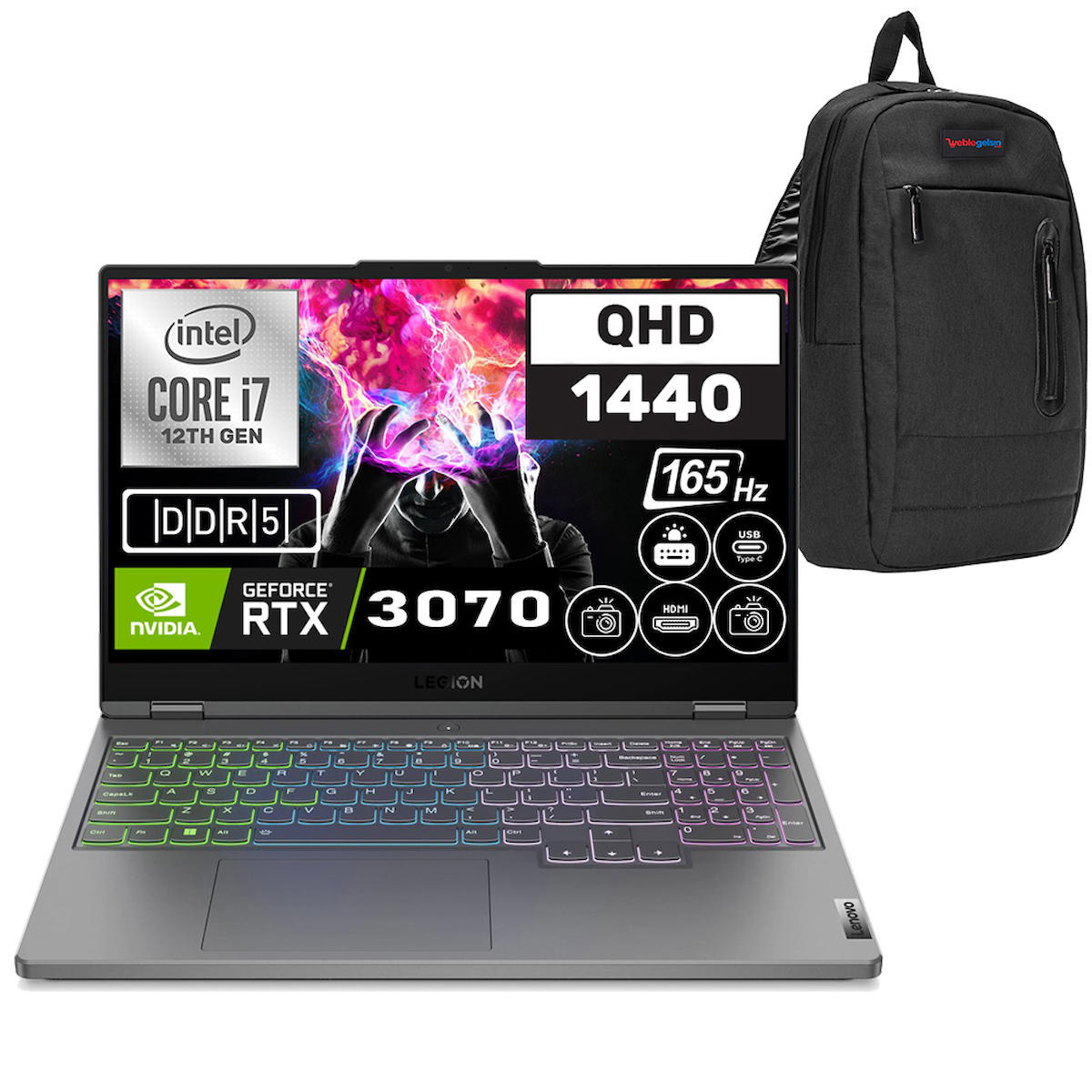 Lenovo Legion 5 82RB00DCTX21 Harici GeForce RTX 3070 Intel Core i7 12700H 16 GB DDR5 Ram 2 + 2 TB SSD 15.6 inç WQHD Windows 11 Pro Oyuncu Laptop + Zetta Çanta