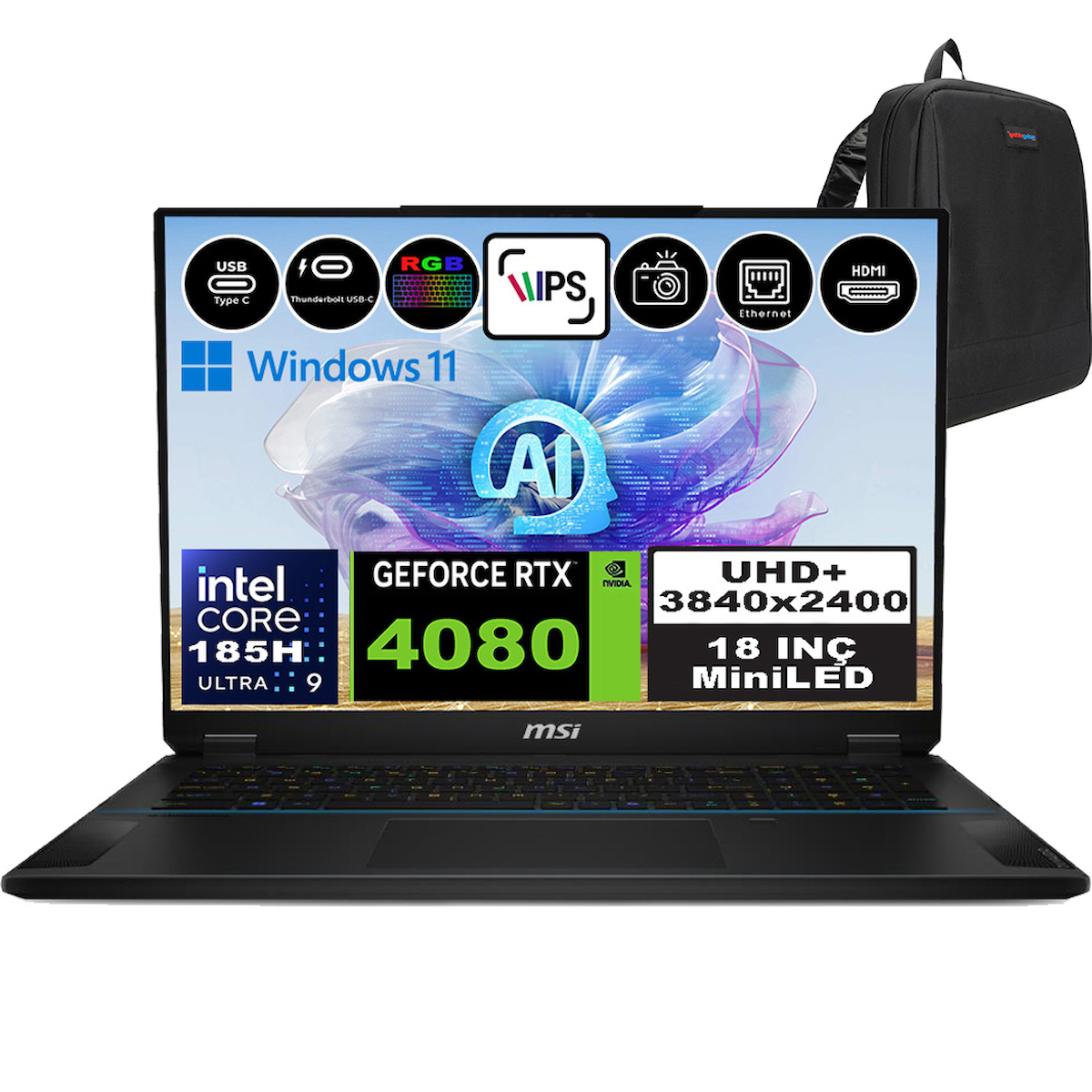 MSI Stealth 18 AI STUDİO A1VHG035TRP11 Harici GeForce RTX 4080 Intel Core Ultra 9 185H 96 GB Ram 2 + 4 TB SSD 18 inç Full HD Windows 11 Pro Oyuncu Laptop + Zetta Çanta