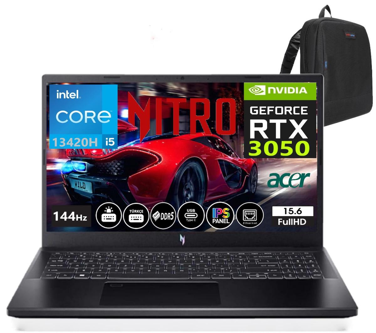 Acer Nitro V 15 ANV15-51 NHQNCEY00135 Harici GeForce RTX 3050 Intel Core i5 13420H 16 GB DDR5 Ram 2 + 2 TB SSD 15.6 inç Full HD Windows 11 Pro Oyuncu Laptop + Weblegelsin Çanta