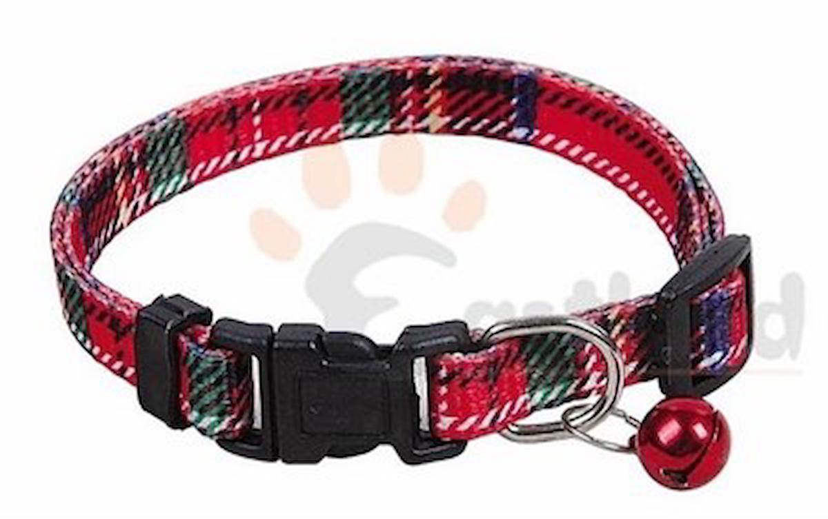 Eastland Ekoseli 10 Mmx25-35 Cm Zilli Düz Kırmızı-Siyah Ayarlanabilir Gezdirme Boyun Kedi Tasması
