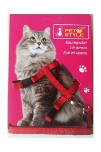 Pet Style Zilli Güvenlikli Kırmızı Ayarlanabilir Gezdirme Göğüs Kedi Tasması