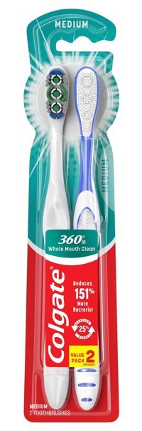 Colgate 360° Diş Fırçası, Dil ve Yanak Temizleyici Orta Ortodontik Manuel Yetişkin Diş Fırçası Beyaz-Mavi