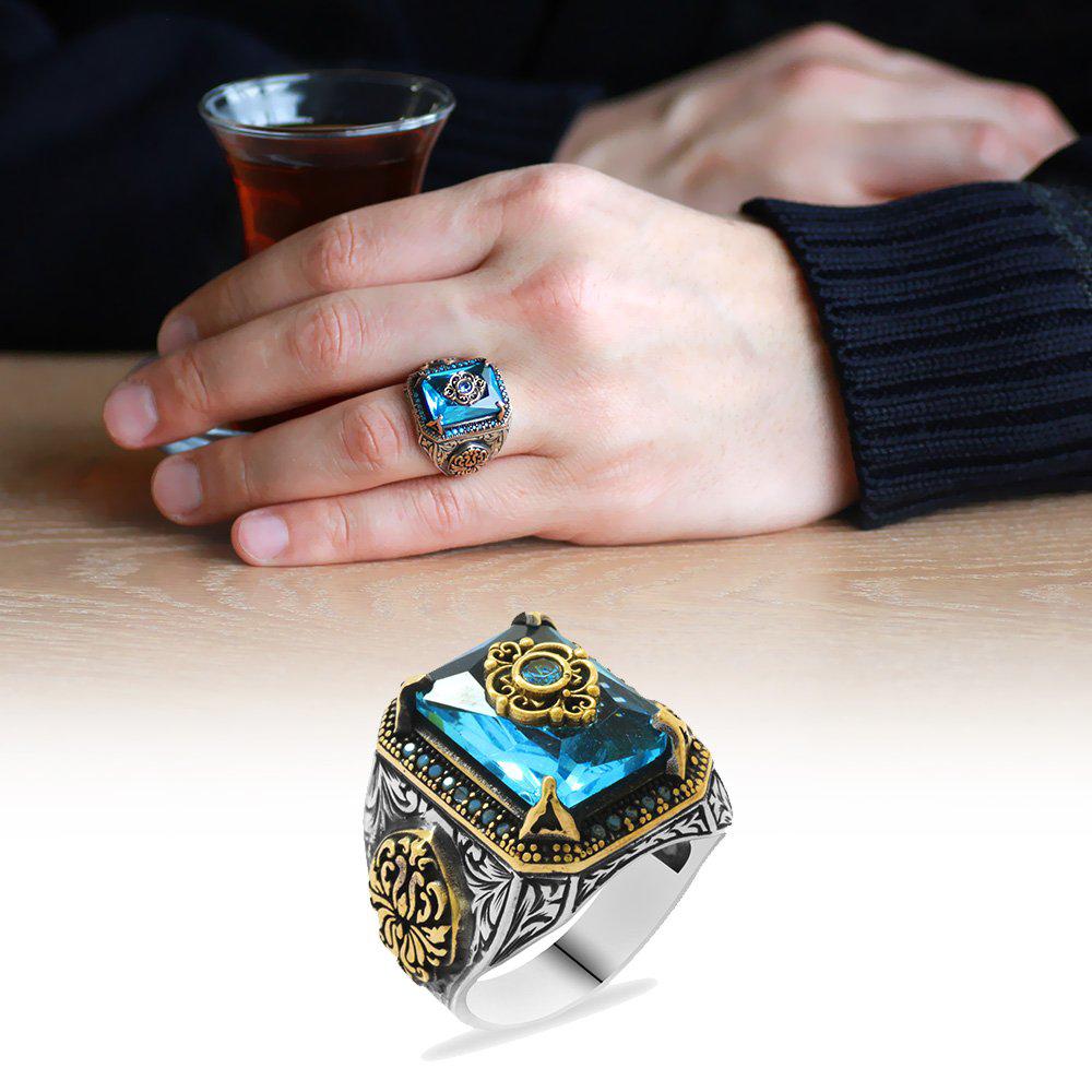 Tesbihane Mavi Aquamarine- Zirkon Taşlı 925 Ayar Osmanlı Armalı Gümüş Yüzük
