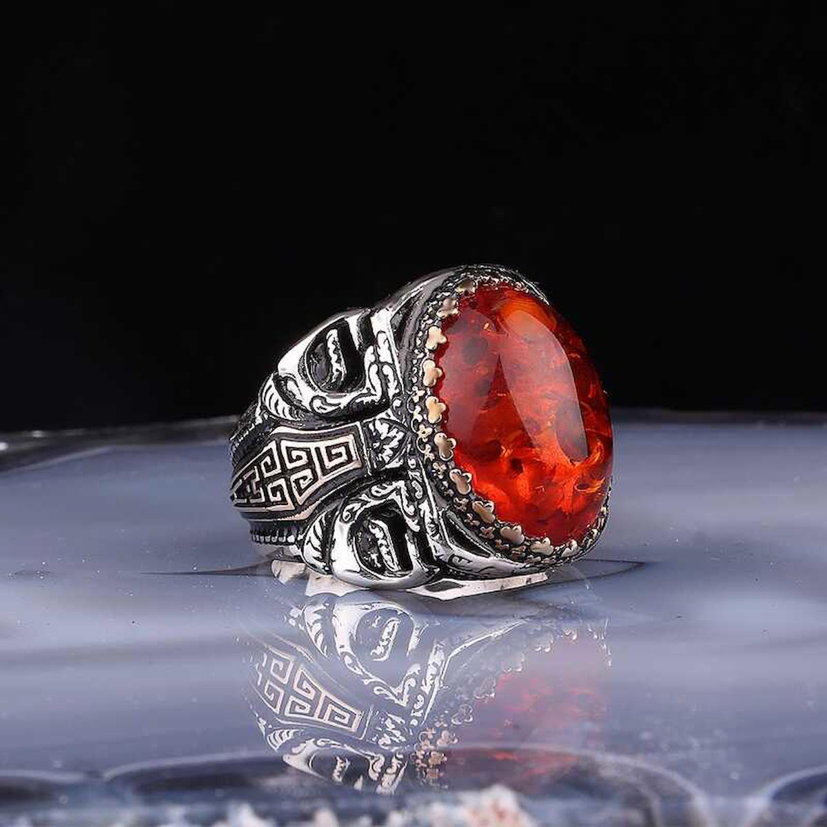 Silverlina Kırmızı Kehribar Taşlı 925 Ayar Oval Gümüş Yüzük
