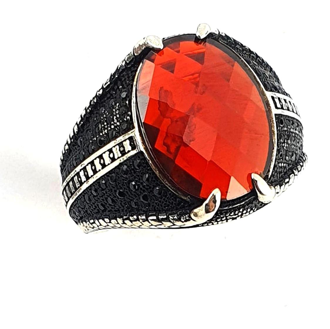 Ose Shop Kırmızı - Siyah Oniks - Zirkon Taşlı 925 Ayar Gümüş Yüzük