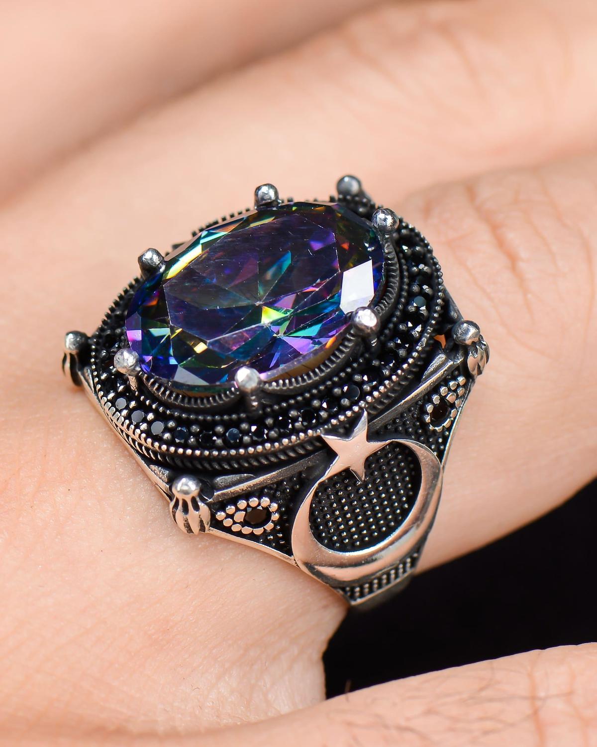 Prestige Gümüş Çok Renkli Topaz Taşlı 925 Ayar Ay Yıldız Gümüş Yüzük