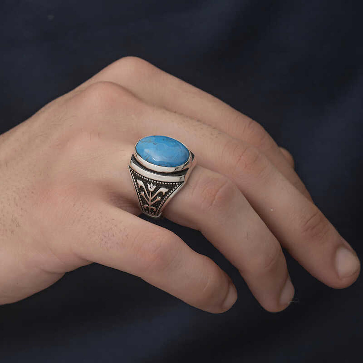 Anatolya Gümüş Turkuaz Zirkon Taşlı Ayarlanabilir 925 Ayar Oval Gümüş Yüzük
