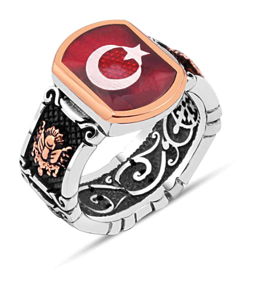 Amberkan Kırmızı Mineli 925 Ayar Ay Yıldız Gümüş Yüzük