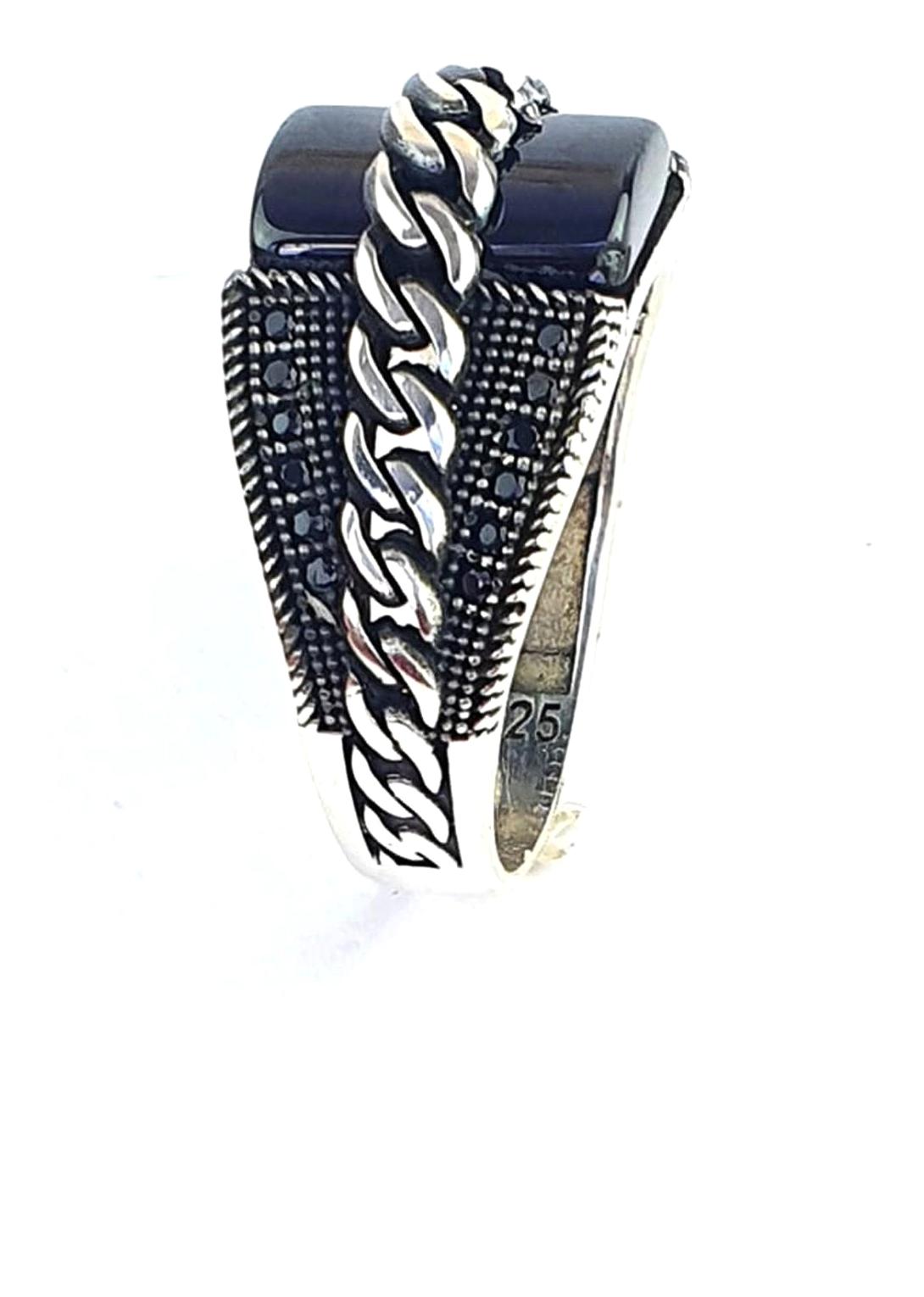 Ose Shop Siyah Oniks Taşlı 925 Ayar Zincir Gümüş Yüzük