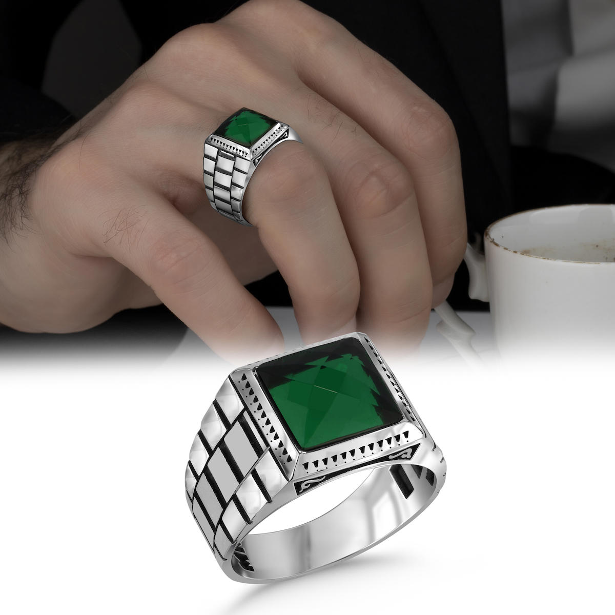 Argento Silver Yeşil Zirkon Taşlı 925 Ayar Kare Gümüş Yüzük