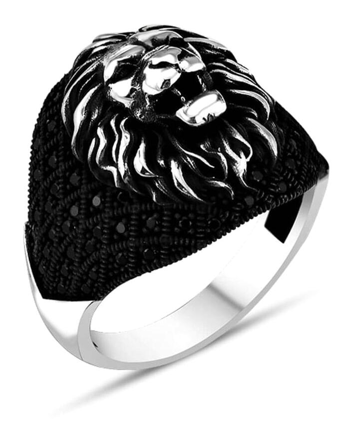 Anı Yüzük Siyah Swarovski Taşlı 925 Ayar Aslan Gümüş Yüzük