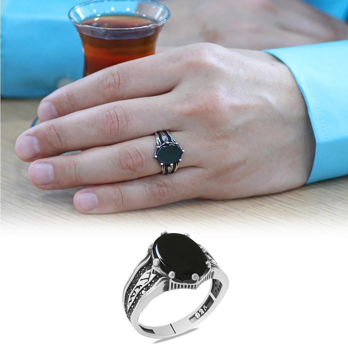 Tesbihname Siyah Oniks - Zirkon Taşlı 925 Ayar Oval Gümüş Yüzük