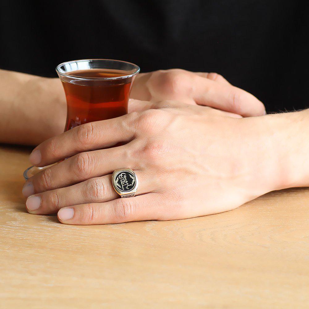 Tesbihane Mineli 925 Ayar Kişiye Özel Yuvarlak Gümüş Yüzük