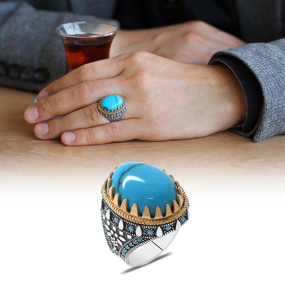 Tesbihane Turkuaz Zirkon Taşlı 925 Ayar Oval Gümüş Yüzük