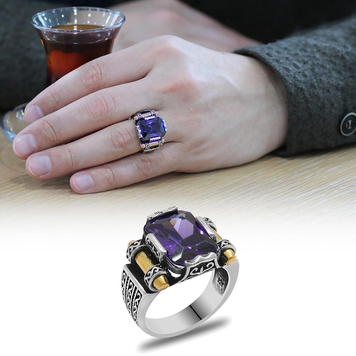 Tesbihname Mor Swarovski Taşlı 925 Ayar Baget Gümüş Yüzük