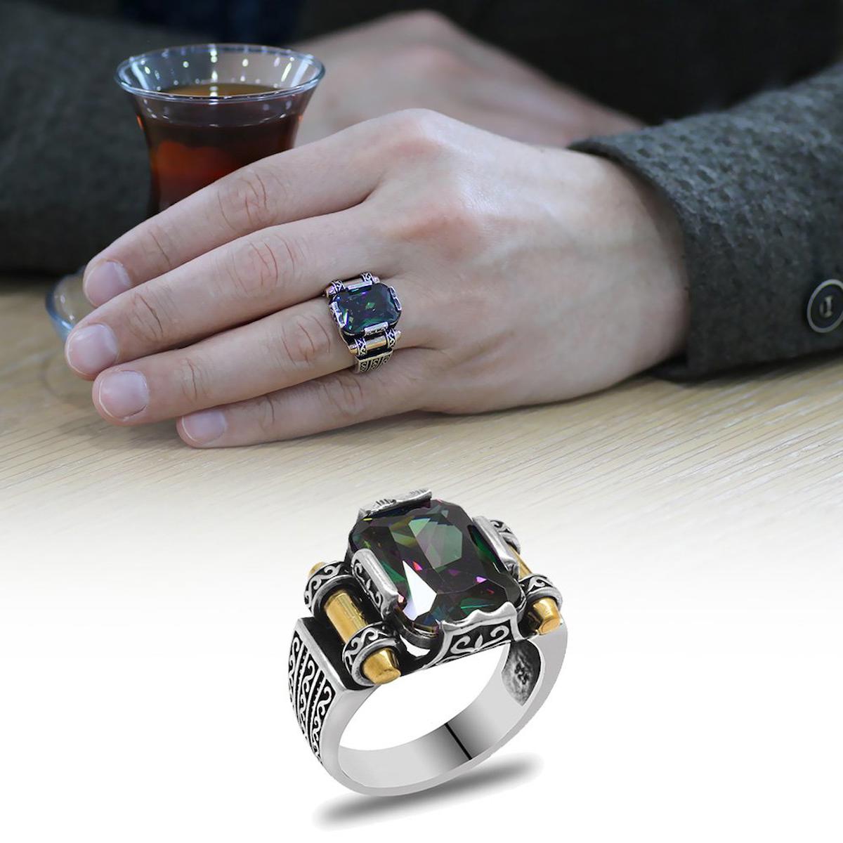 Tesbihname Yeşil Swarovski Taşlı 925 Ayar Baget Gümüş Yüzük
