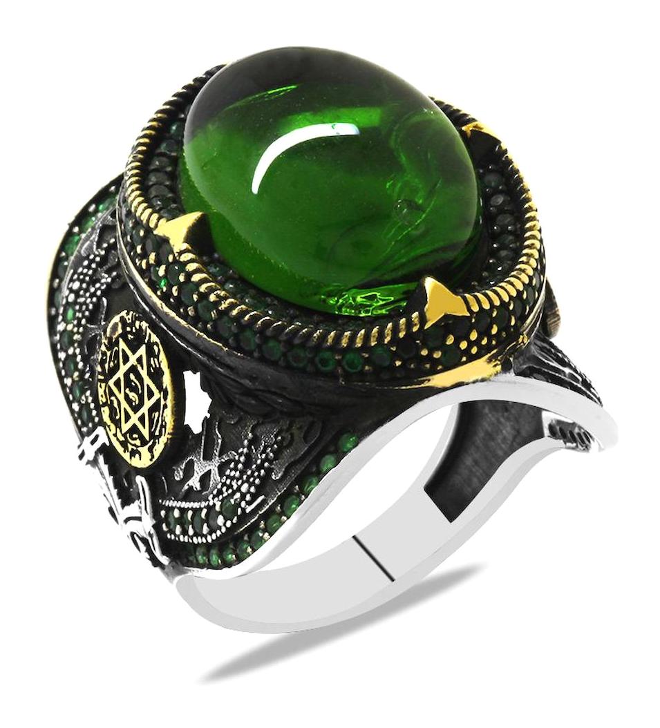 Tesbihane Yeşil Zirkon Taşlı 925 Ayar Oval Gümüş Yüzük