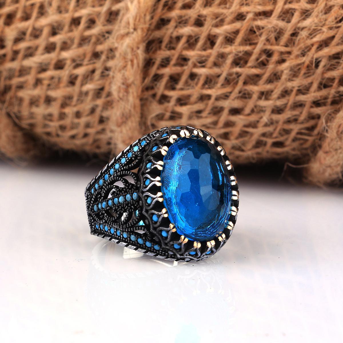 Tesbih Sepetim Mavi Aquamarine Taşlı 925 Ayar Oval Gümüş Yüzük