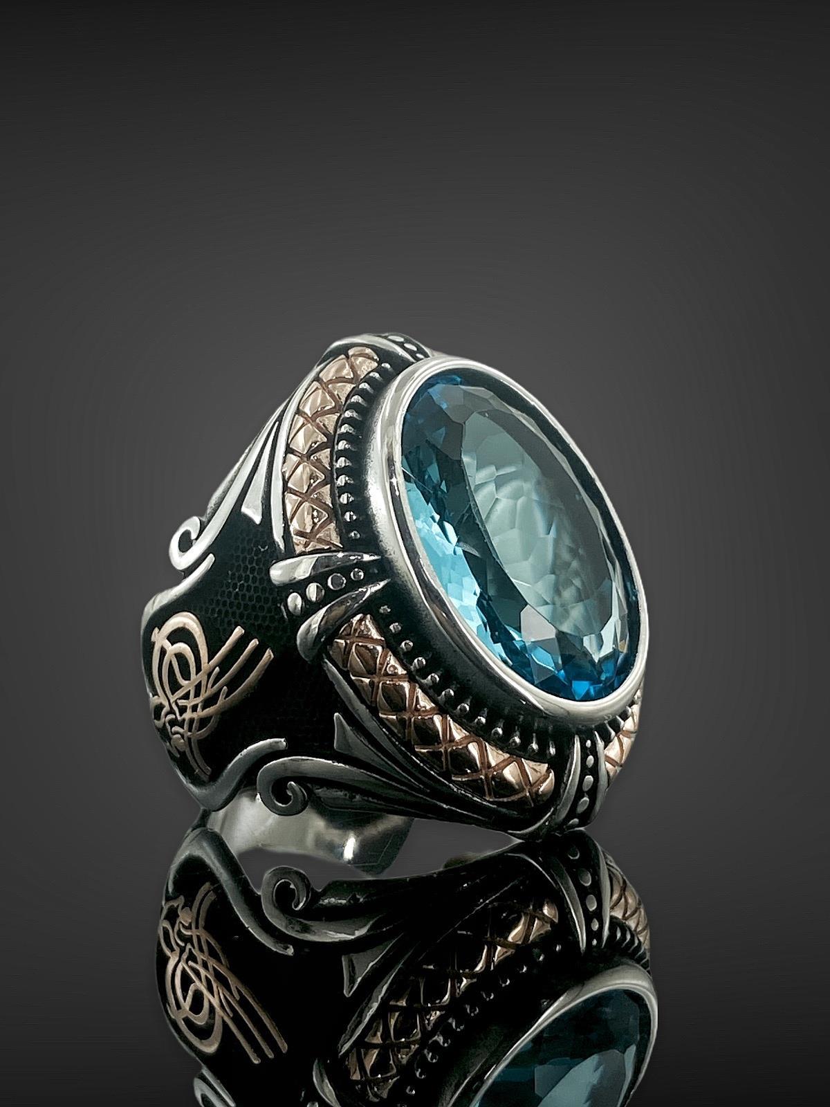 Magümüş Mavi Aquamarine Taşlı 925 Ayar Oval Gümüş Yüzük