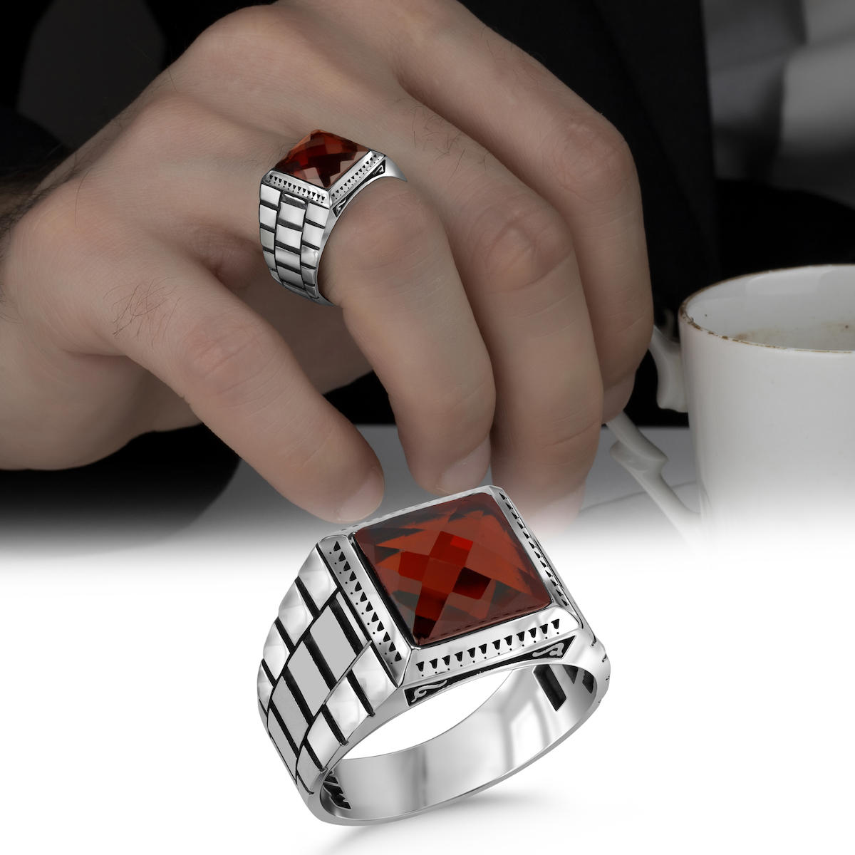 Argento Silver Kırmızı Zirkon Taşlı 925 Ayar Gümüş Yüzük