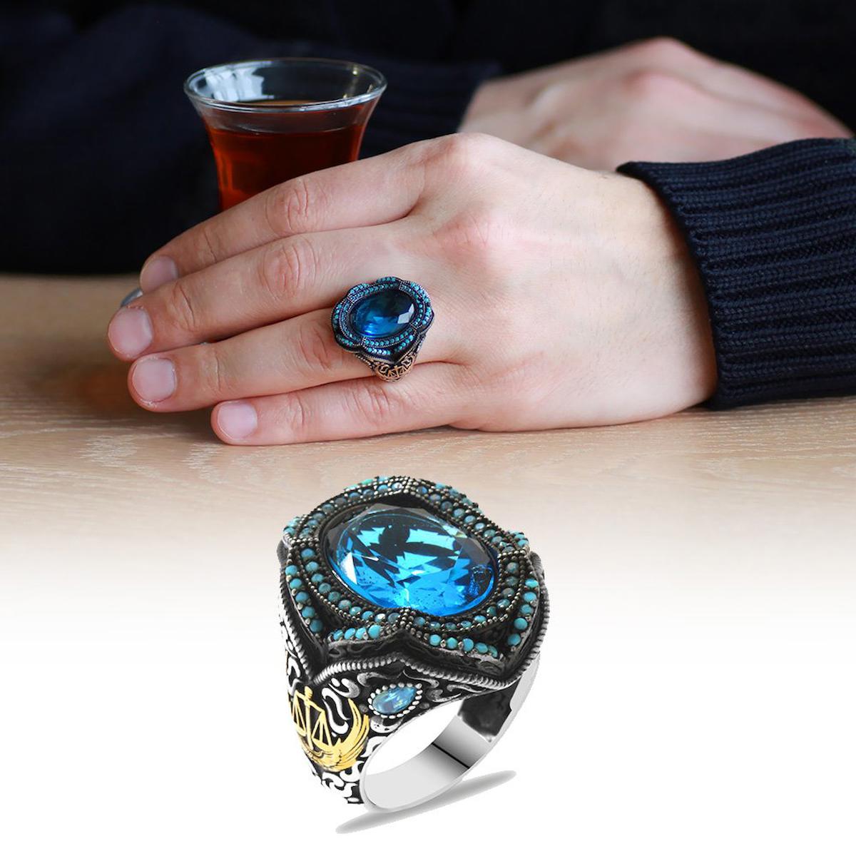 Tesbihname Mavi Aquamarine- Zirkon Taşlı 925 Ayar Adalet Gümüş Yüzük