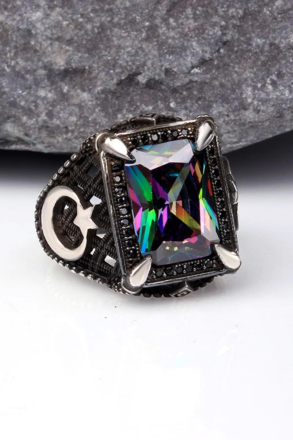 İpek Silver Çok Renkli Topaz Taşlı 925 Ayar Ay Yıldız Gümüş Yüzük