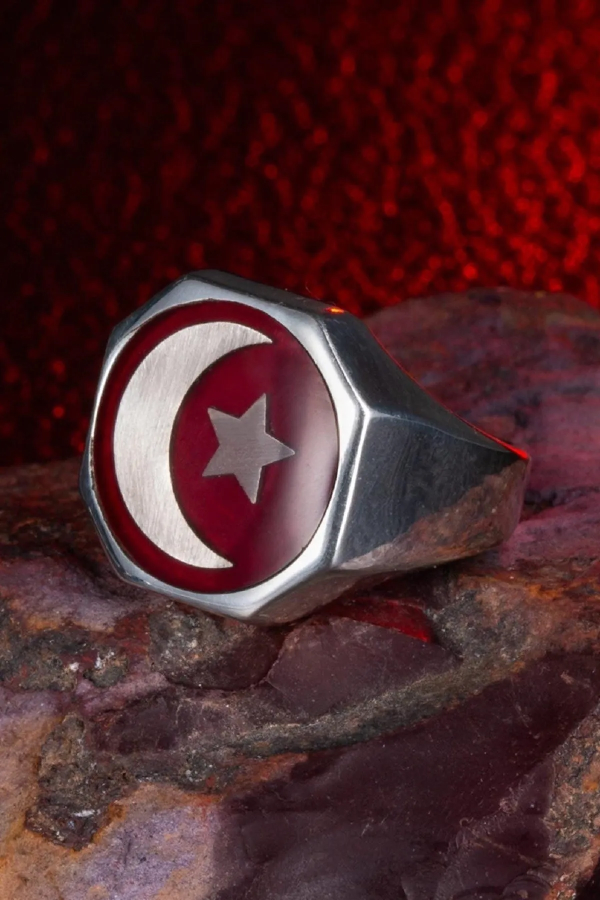 Anı Yüzük Mineli 925 Ayar Ay Yıldız Gümüş Yüzük
