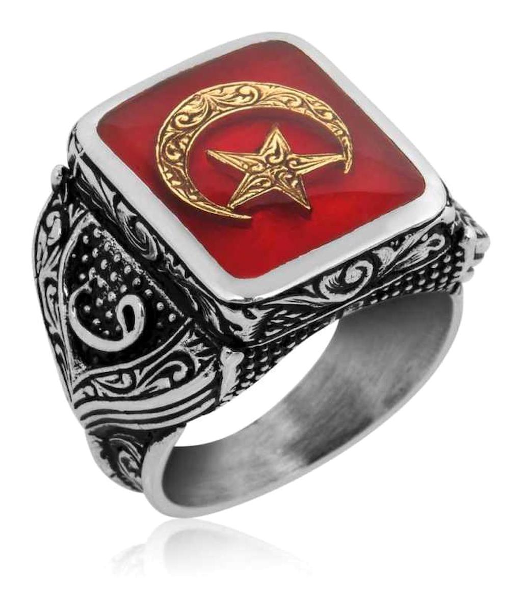 Anatolya Gümüş Kırmızı Ayarlanabilir 925 Ayar Ay Yıldız Gümüş Yüzük